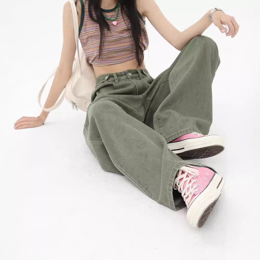 Green High Waist Wide Leg Jeans For Women Loose Drooping