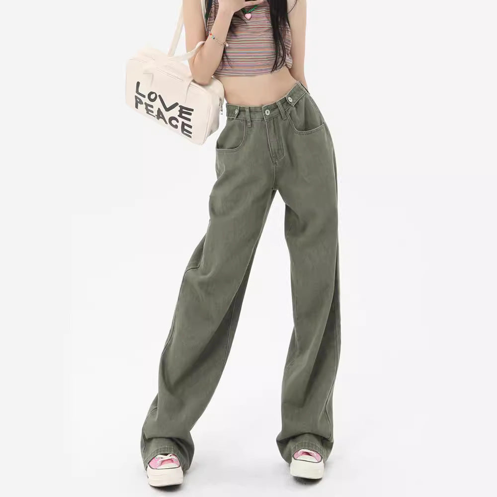 Green High Waist Wide Leg Jeans For Women Loose Drooping