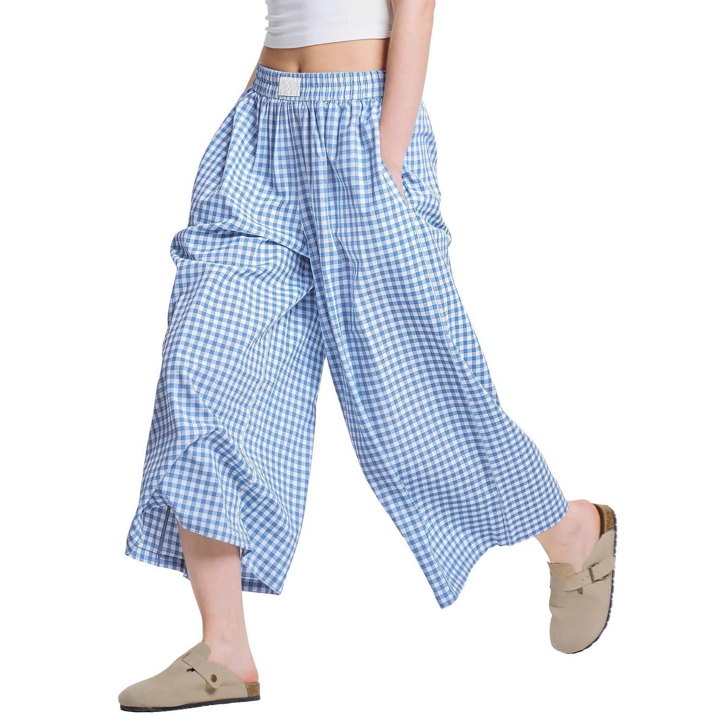 Linen Plaid Casual Loose Slimming Lazy Wide-leg Pants