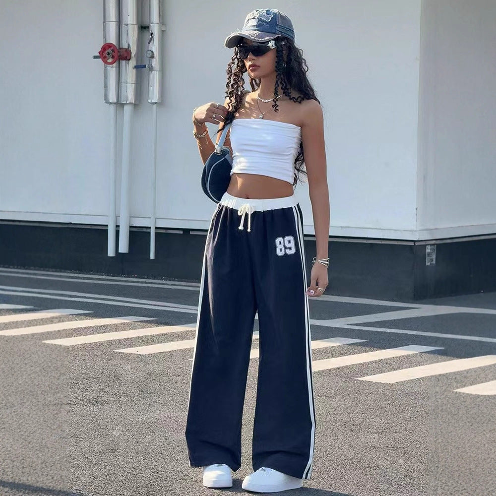 Tube Wide Leg Leisure Drawstring Contrast Color Trousers