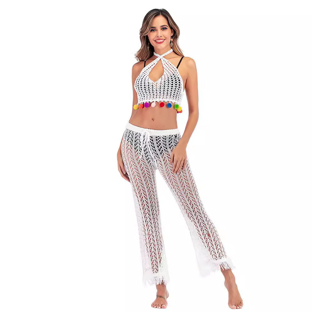 Hollow-out New Tassel Knitted Cropped Crocheted Beach Pants