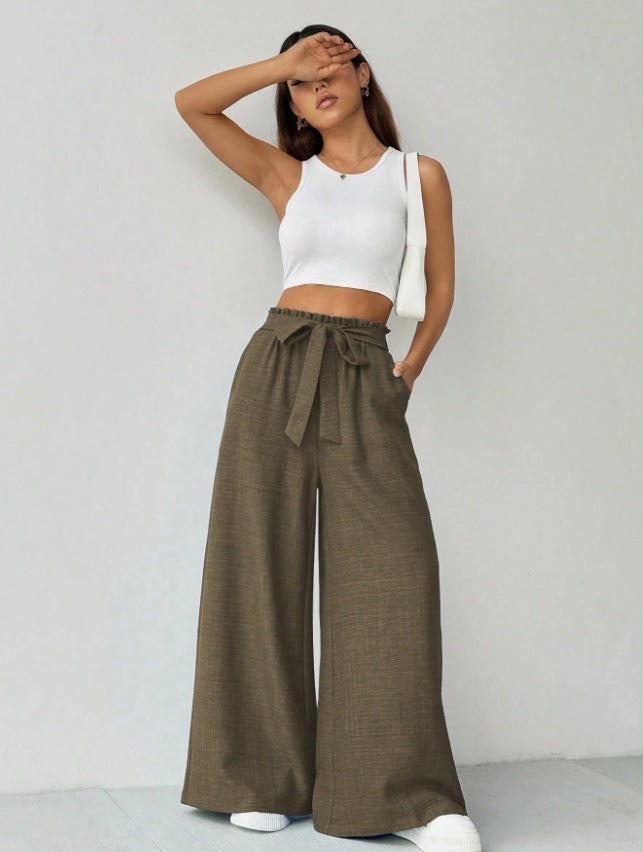 Women's Casual Pants With Pockets Lightweight High Waist Adjustable Tie Knot Loose Pants