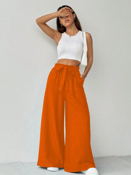 Women's Casual Pants With Pockets Lightweight High Waist Adjustable Tie Knot Loose Pants