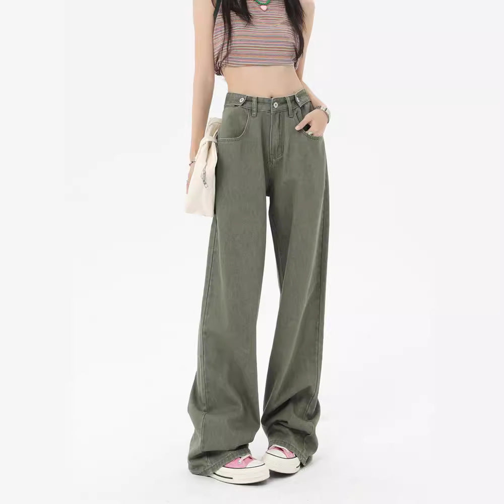 Green High Waist Wide Leg Jeans For Women Loose Drooping