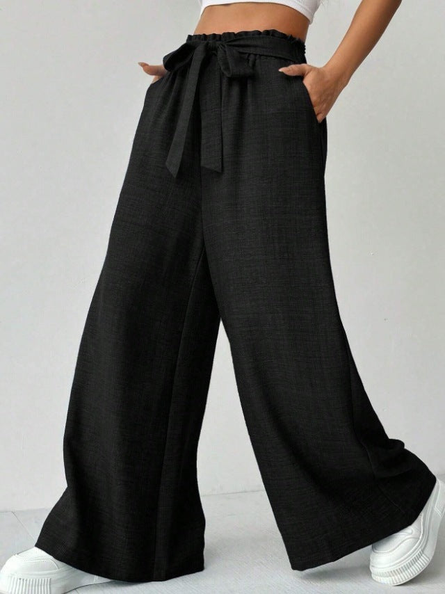 Women's Casual Pants With Pockets Lightweight High Waist Adjustable Tie Knot Loose Pants