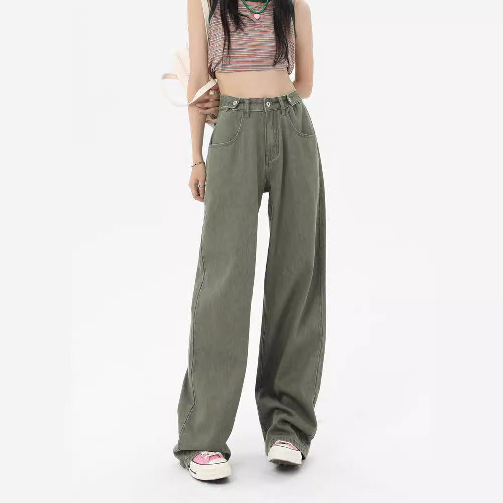 Green High Waist Wide Leg Jeans For Women Loose Drooping