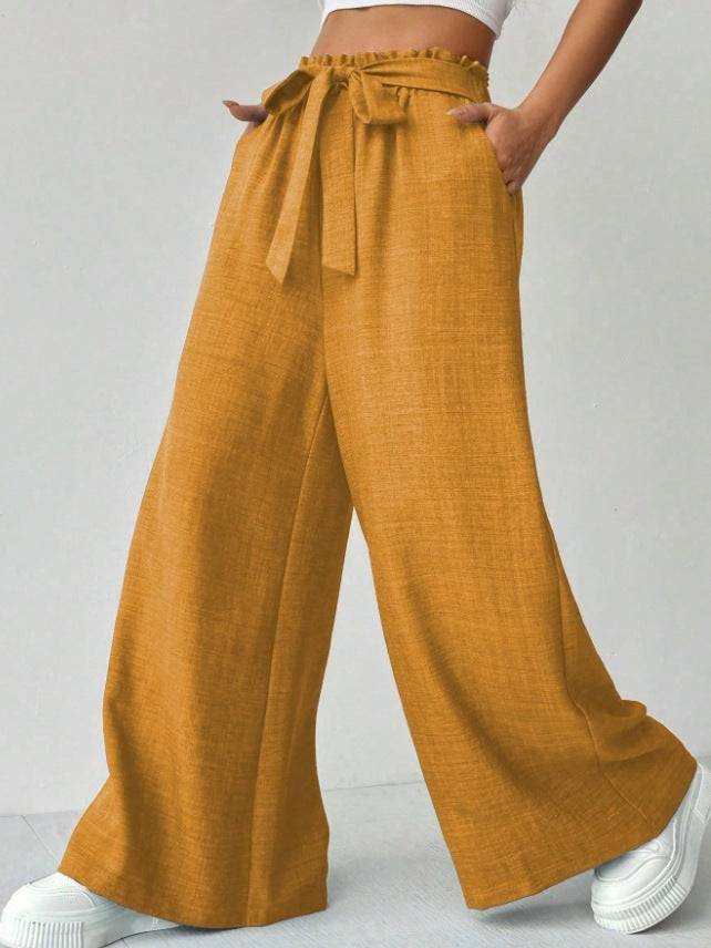 Women's Casual Pants With Pockets Lightweight High Waist Adjustable Tie Knot Loose Pants